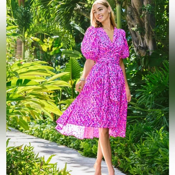 knee length dresses for ladies Lots To Love Fuchsia Smocked Flutter Sleeve Tiered Midi Dress – LydiaFaith main image 1